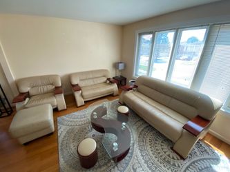 Complete Leather Living Room Set – Sofa, Loveseat, Armchair, 1 Ottoman, 2 Stools and Coffee Table. Made in USA.