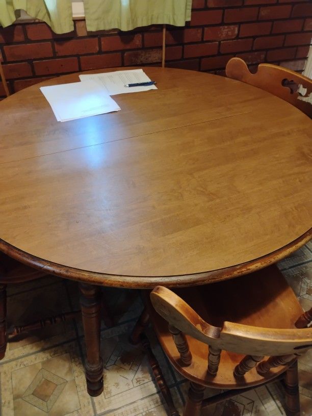 Antique Old School Oak Wood Table With Three Original Chairs To The Table
