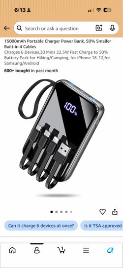 15000mAh Portable Charger Power Bank, 50% Smaller Built-in 4 Cables Charges 6 Devices,30 Mins 22.5W Fast Charge to 50% Battery Pack for Hiking/Camping