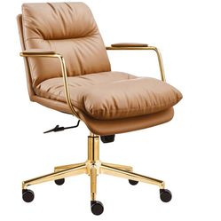 Home PU Leather Swivel Office Desk Chair Computer Chair with Support Armrests Rolling Swivel Wheels Height Adjustable Gold Frame for Office and Living