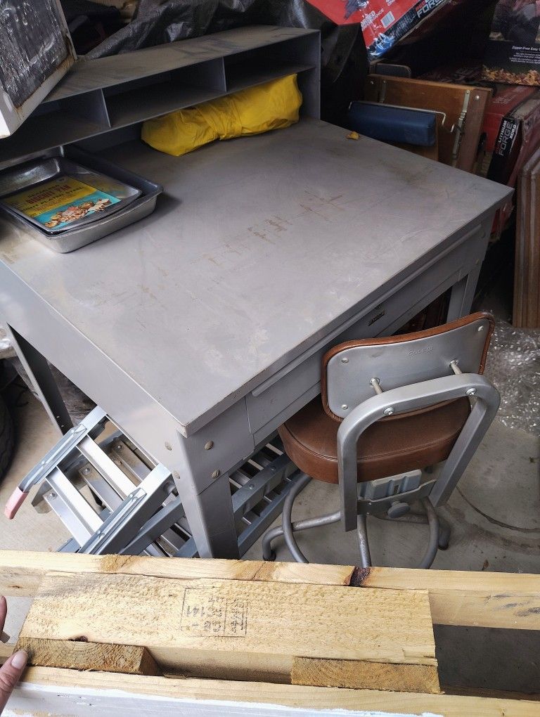 vintage tall metal Desk with chair