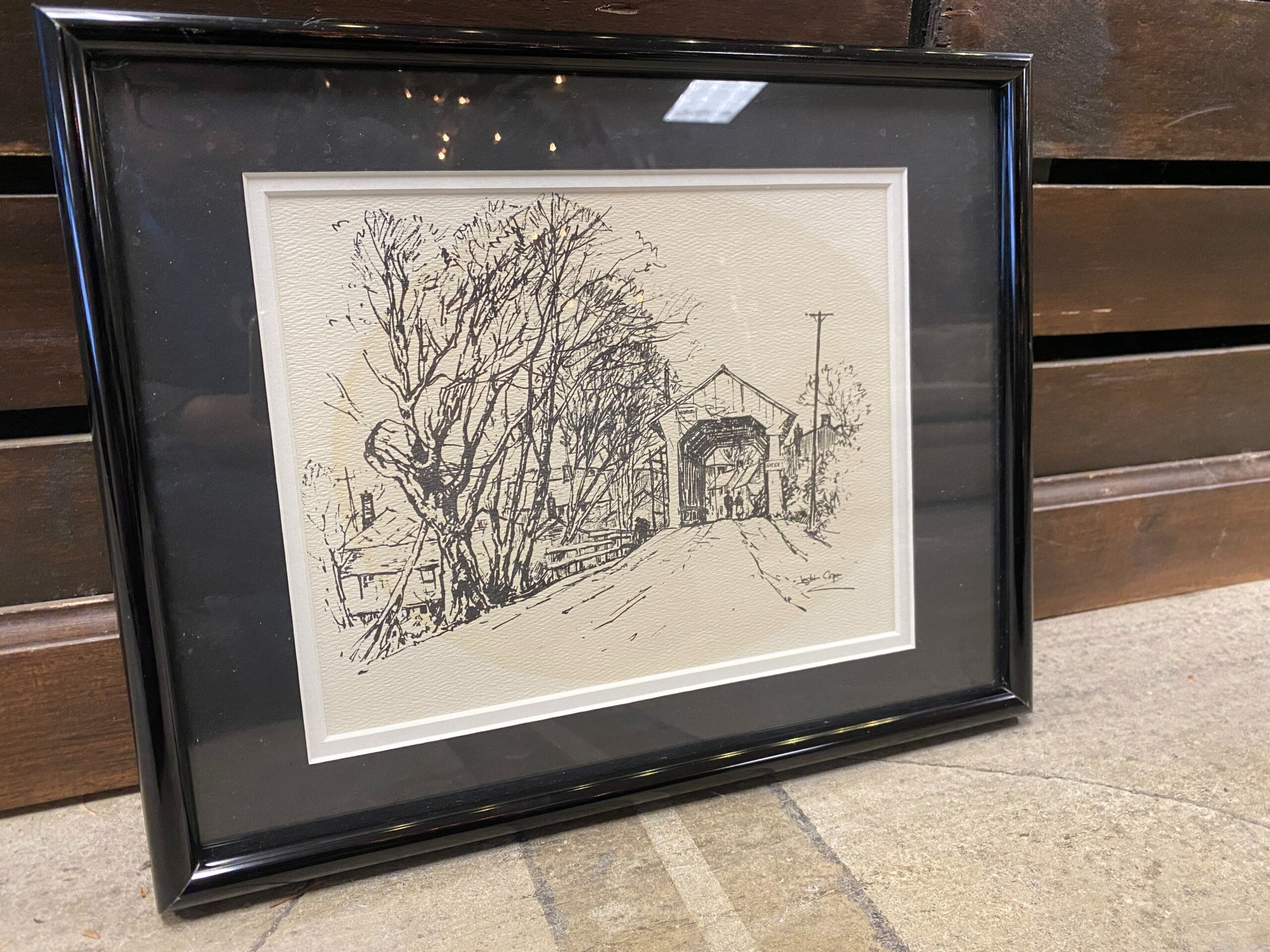 Covered Bridge Pen & Ink Sketch by Leslie Cope