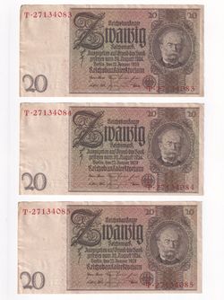 German 1929 Series 20 Reichsmark Banknotes with Sequential Serial Numbers