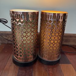 Pair of Copper Finish Metal Cylinder Lamps