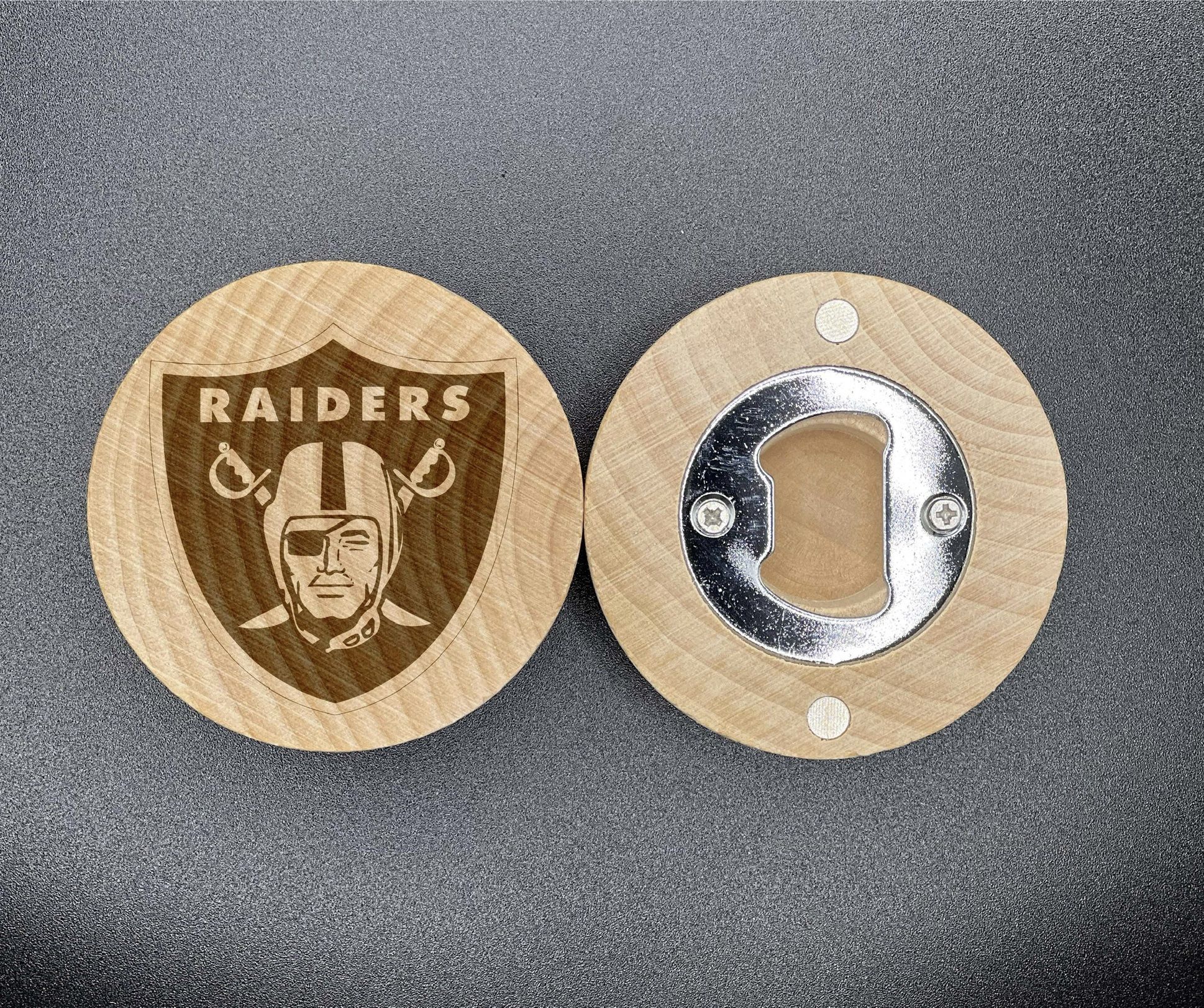 Raiders laser engraved wood fridge magnet bottle opener pop gift