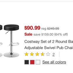 Costway Set of 2 Round Bar Stool Adjustable Swivel Pub Chair w/ Footrest White\Red\Black