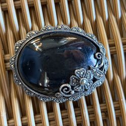Antique Art Deco Sterling Silver Marcasite Black Onyx Glass Brooch Pin c.1920s