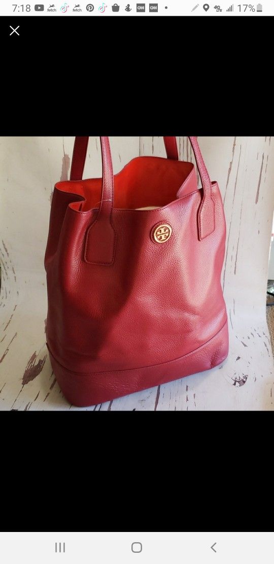 Tory Burch Red Michelle Bucket Tote Bag