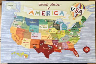 USA Map Canvas Wall Art 36x24 United States Floral Geography Educational Decor