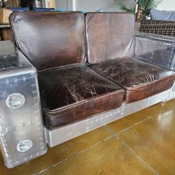 Cowhide Full Leather Aviator Couch Sofa Cigar Brown