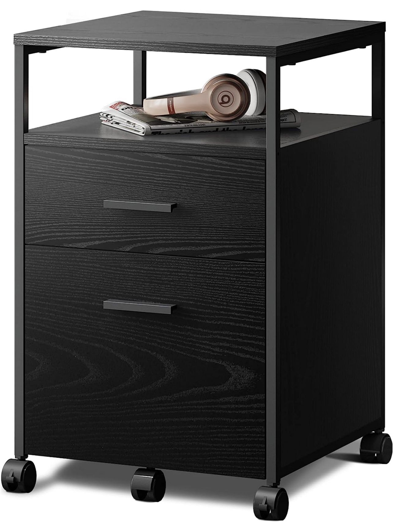 2 Drawer File Cabinet, Mobile Printer Stand with Open Storage Shelf, Wood Filing Cabinet fits A4 or Letter Size for Home Office, Black