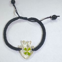 Handmade REAL Four Leaf Clover Hand- Knitted Knots Rope Bracelet Luck Adjustable Friendship Black Fish Resin