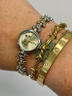 Vintage Disney Mickey Mouse Head Dainty Bracelet Wrist Watch Gold Silver Crystal