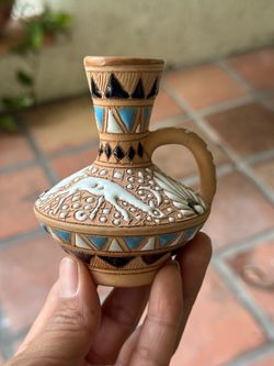 5” Hand Made Clay Vase From Rodos, Greece signed