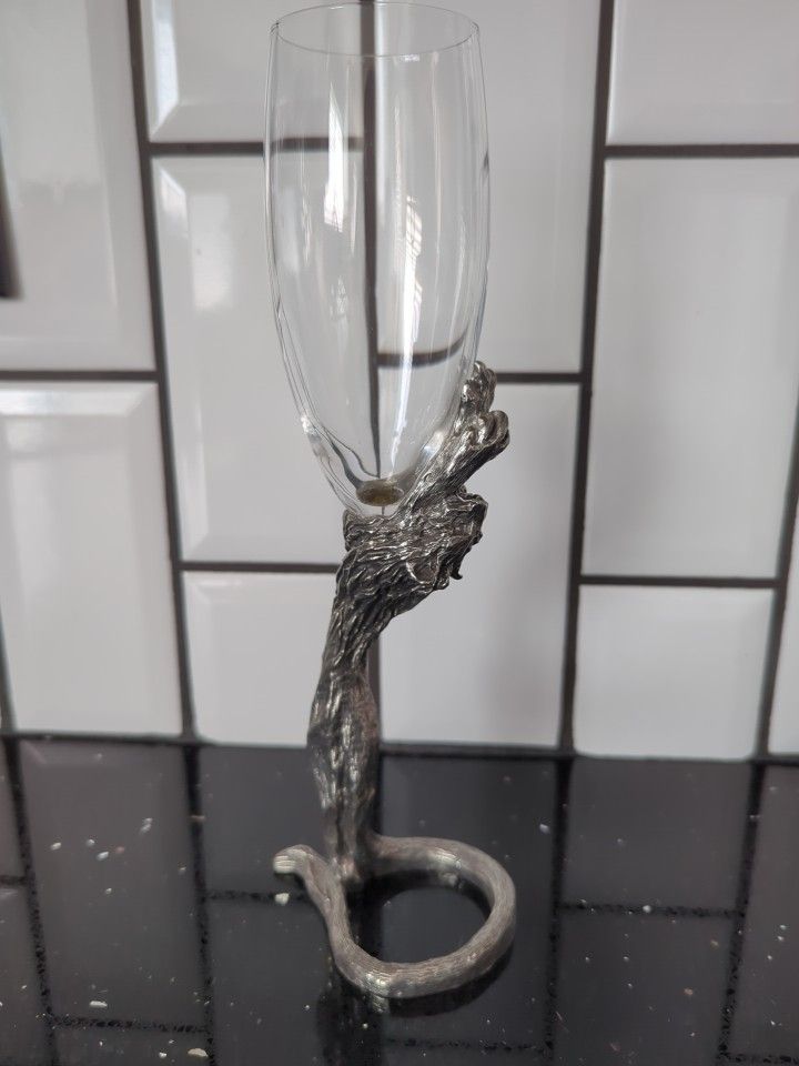 Unique Pewter Metal Champagne Flute 10 Inches Tall With Lion/Wolf Wrapping Tail