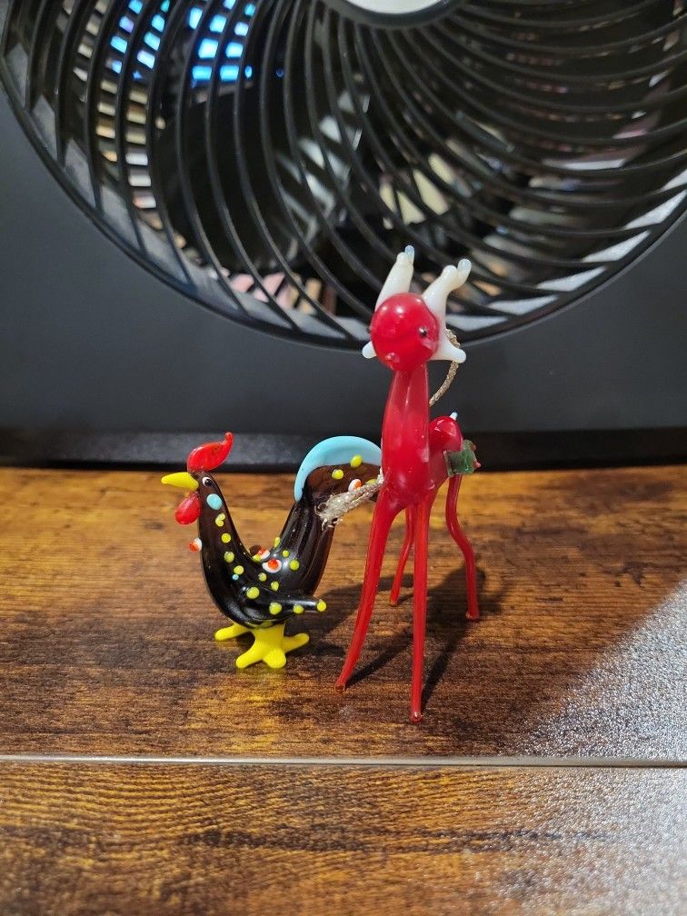 Vintage Murano Style Blown Glass Reindeer And Rooster Figurines Rare Q
