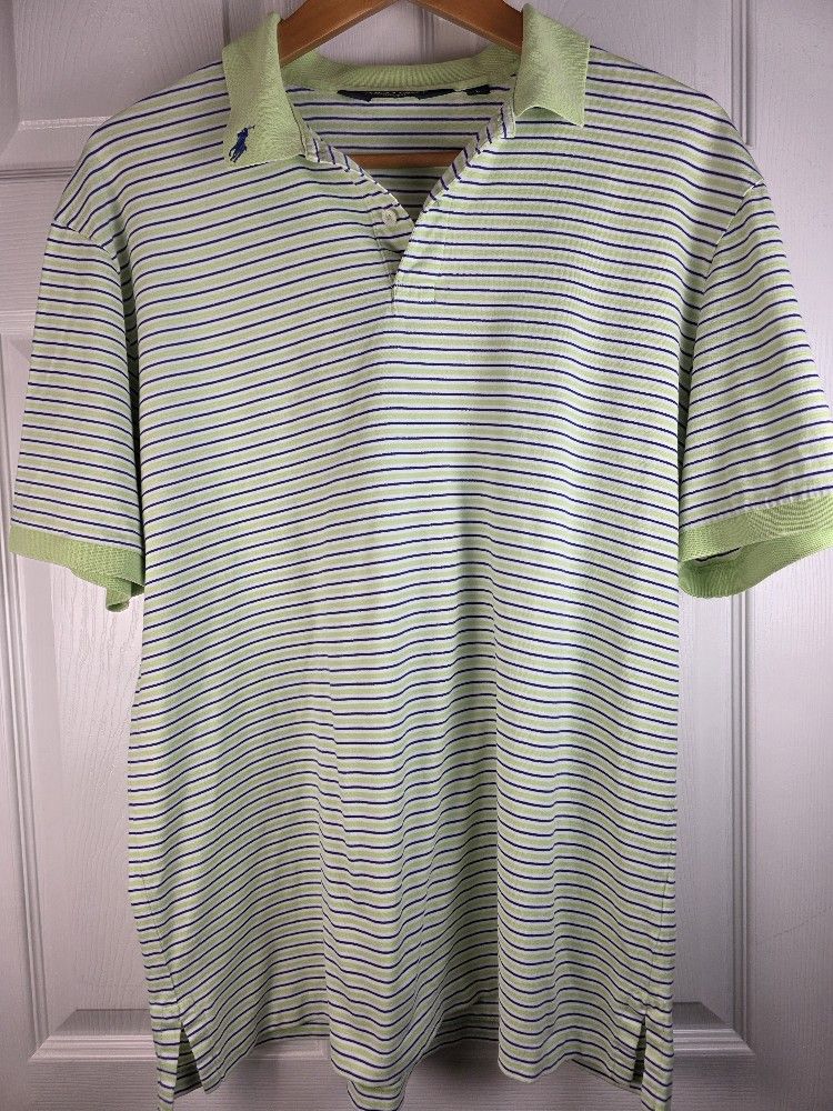 Ralph Lauren Polo Golf Shirt Mens L ProFit Green Blue Striped 100% Pima Cotton