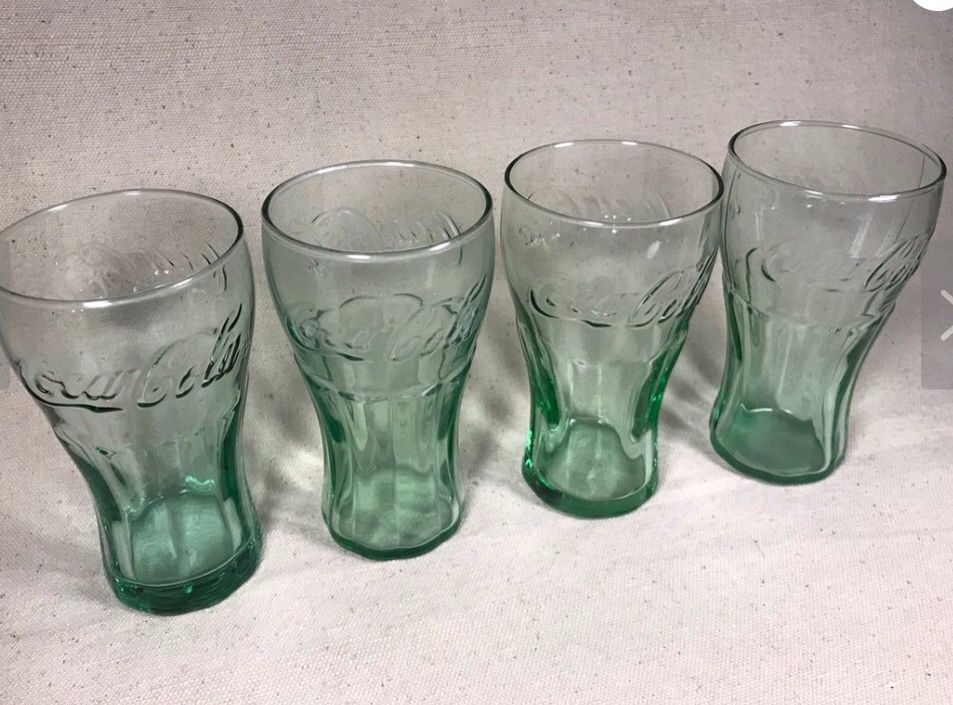 Vintage Original SMALL Coca-Cola Coke Glasses Embossed Traditional Shape  GREEN Collectible