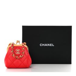 AUTHENTIC Chanel  Quilted Mini Kiss Lock Clutch crossbody With Chain Red