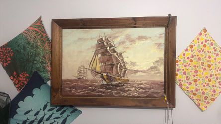 Wood framed boat oil painting