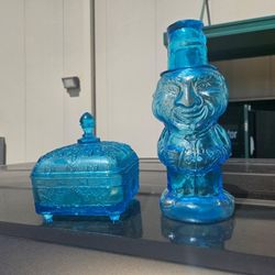 Vintage Tiara Glass Blue Jolly Mountaineer With Matching Snack Dish
