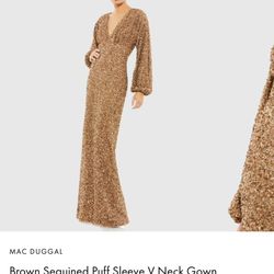 Mac Duggal Brown Sequined Puff Sleeve V Neck Gown