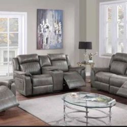 Brand New Grey Leather 3pc Reclining Sofa Set