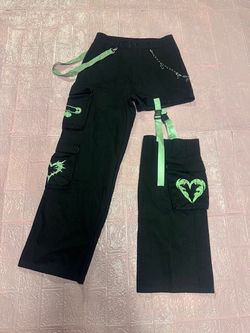 New M black neon green wide leg pants y2k cyber punk gothic rave emo cargo Bundle deals available please check out my other items and follow my page n
