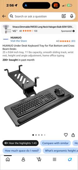 HUANUO Under Desk Keyboard Tray for Flat Bottom and Cross Beam Desks 25 x 9.84 inch tray