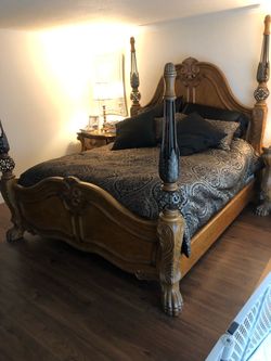 Ornate Wood Four-Poster King Bed Frame