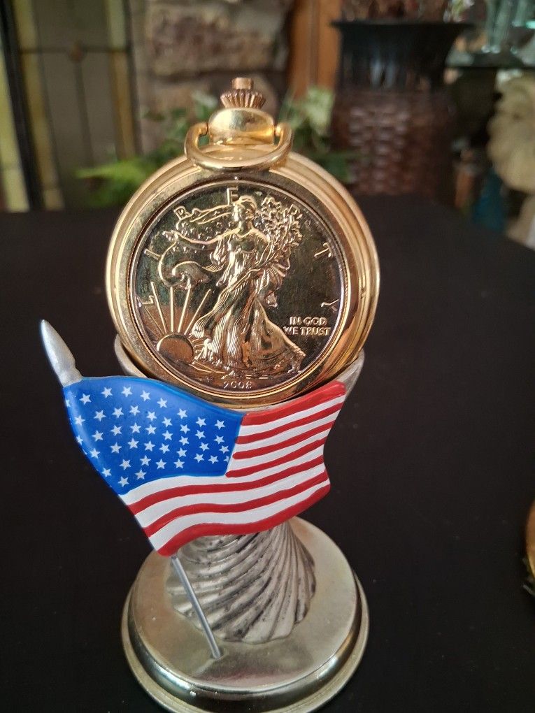 Silver Eagle 1 Oz Coin In A Pocket Watch Gold Plated