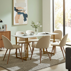 Homy Casa Slip 7PC Dining Set 55” White Marble Finish Table with Gold Base and 6 Puz Fabric Chairs in Beige