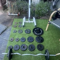 Assorted weights, Weight Tree & Curl Bar