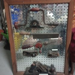 Antique Vintage Wood Carpentry Tool Display Stanley Plane No 5 Block Saw Hand Drill Level Woodworking Garage Man Cave Art