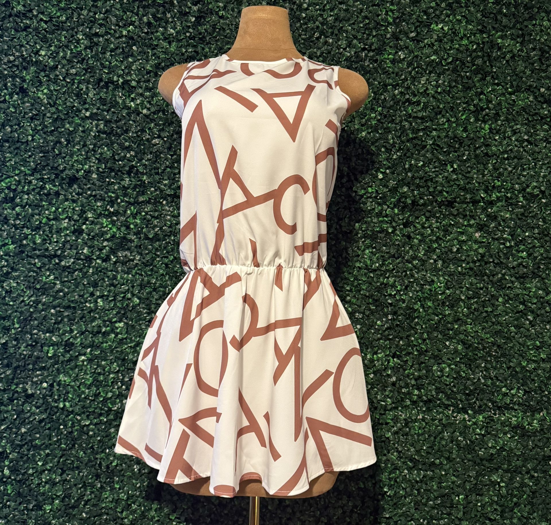Chic White Dress with Brown Graphic Print