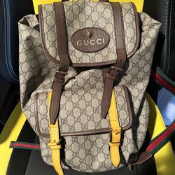 Gucci Soft Backpack GG Supreme Web Straps Brown Yellow 