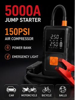 🚗 Portable Jump Starter with Air Compressor | Digital Tire Inflator | Power Bank | LED Light