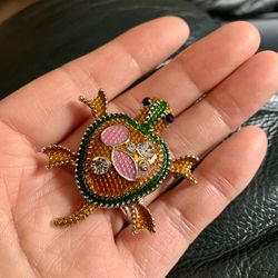 Turtle Brooch 2”x1.75” Rhinestones And Alloy 