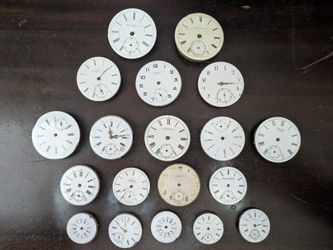 Only $7 each! Collection of old antique pocket watch dials and movements from 1800s to early 1900s. Some are complete, some are missing parts. Not wor