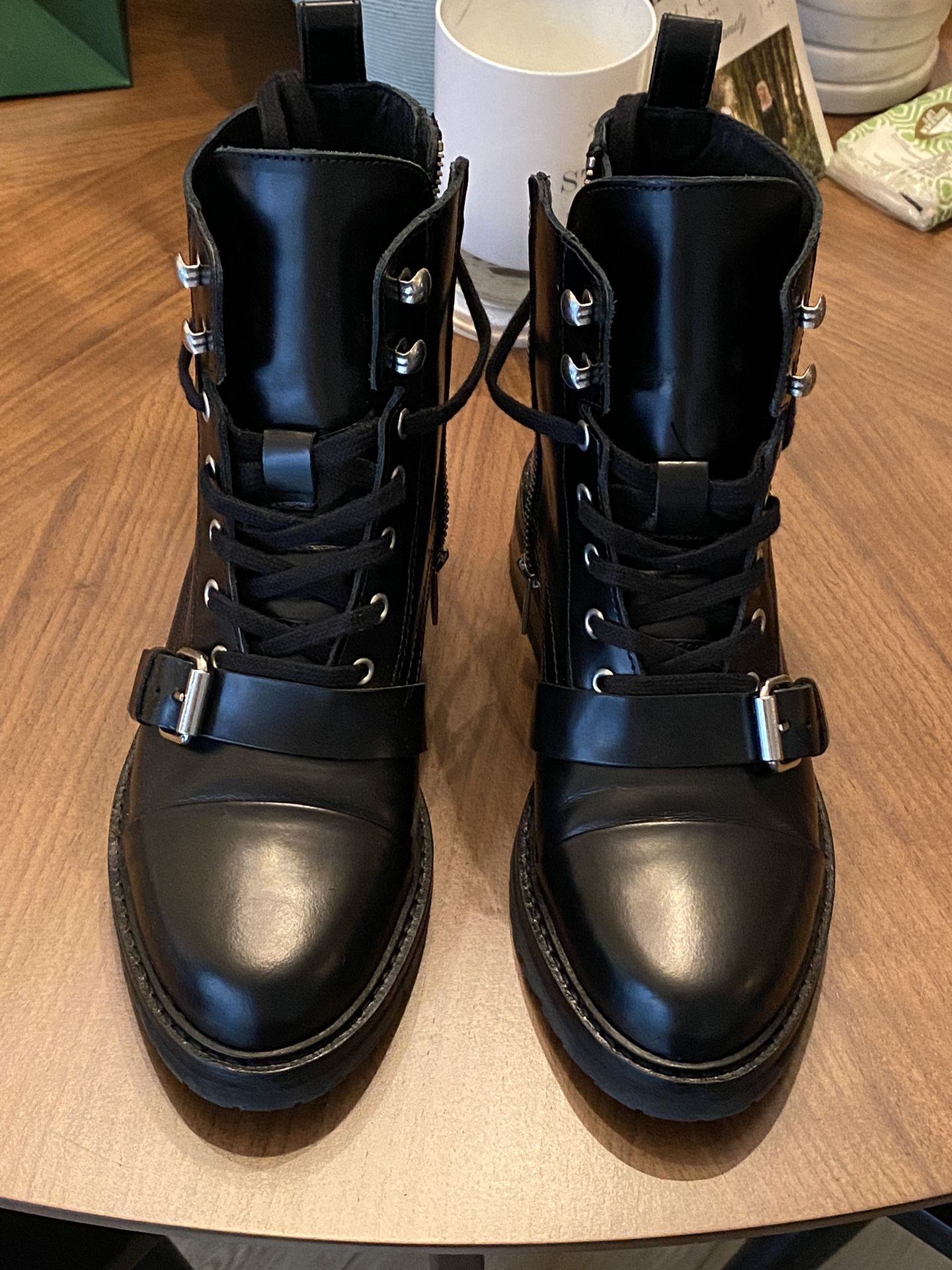 AllSaints Donita Leather Combat Boots| Size EU 37 | Black
