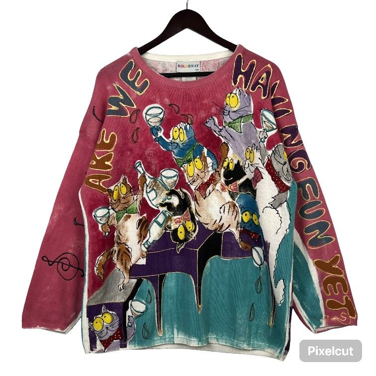 RARE Vintage Kolorway The Cat Are We Having Fun Sweater MADE IN USA Sz 2