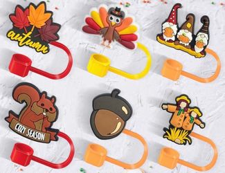 6 Thanksgiving Pumpkin Acorn Scarecrow Leaves Squirrel Gnomes Turkey Stanley Straw Topper Covers