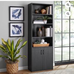 Mainstays Traditional 5 Shelf Bookcase with Doors, Black Finish