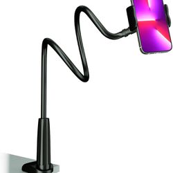 Cell Phone Clip Bed Stand Holder, with Grip Flexible Long Arm Gooseneck Bracket Mount Clamp for Desk, Compatible with iPhone 14 Pro Max XR X 8 7 6 or 