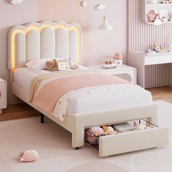 Twin Size Upholstered LED Bed Frame with Storage Drawer and Adjustable Chic Double Wavy Headboard, Velvet Princess Platform Bed for Kids/Girls, Solid 