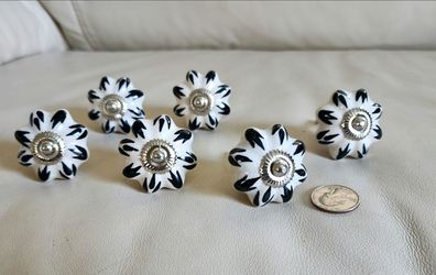 Porcelain Cabinet Knobs Set of 6 Black and White Floral Drawer Pulls