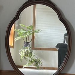 Vintage Floral Carved Mahogany Shield Torch Crest Wall Mirror