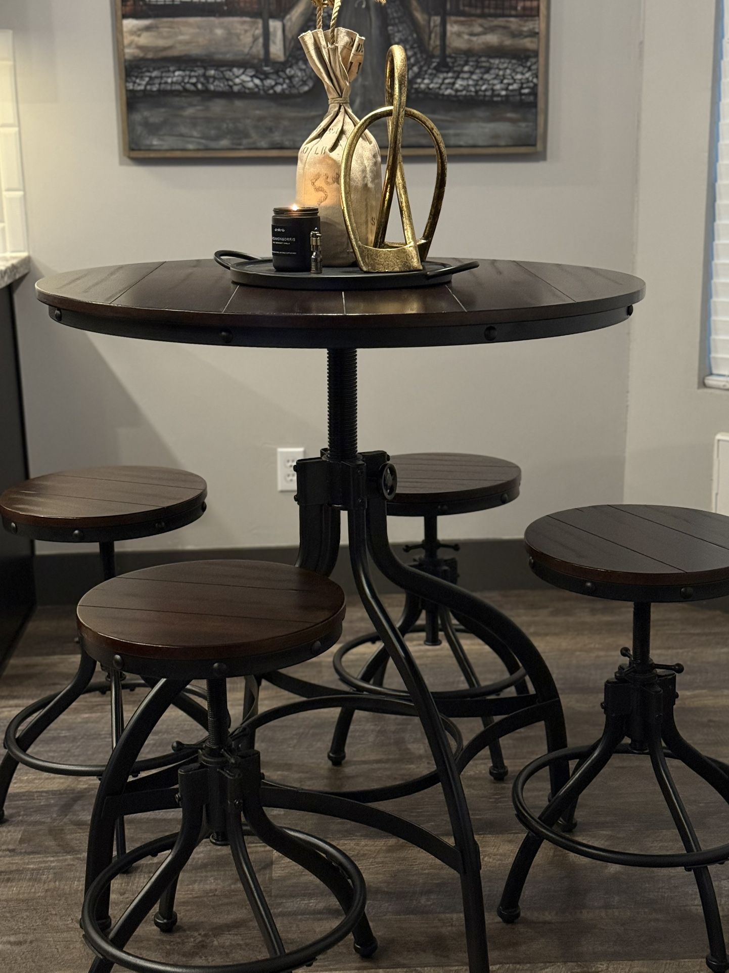 Industrial Adjustable Bar Table Set – Wood & Metal – 5 Piece