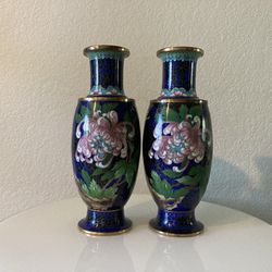 TWO Cloisonne Vase Flowers Blue and Turquoise 
