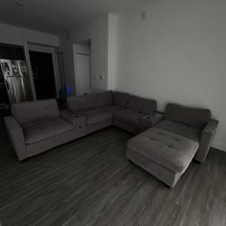 104'' Sectional Sofa with 2 Acrylic Consoles, Oversized U Shaped Couch Set with USB Charger,Storage Drawers